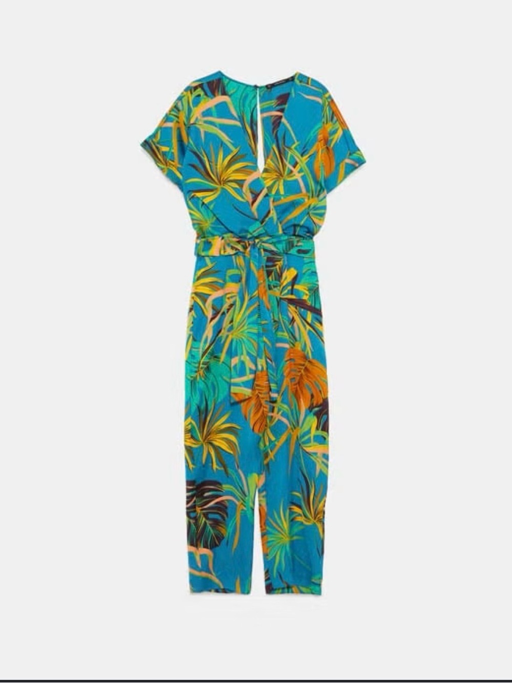 Zara Tropical Print Teal Jumpsuit with Tie Waist size M